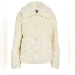 NWT. Maje Ivory-white wide collar faux-fur coat. Size 40T.